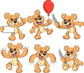 Creepy and sinister teddy bear character in various menacing poses with a balloon and a knife, set against a white background