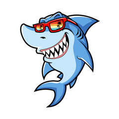 Cool cartoon shark wearing sunglasses with a tropical reflection, showing off sharp teeth and a wide smile