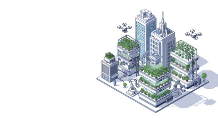 Fototapeta premium Isometric city buildings feature rooftop gardens and drone delivery systems in a futuristic, ecofriendly urban landscape, showcasing sustainable technology and green architecture.