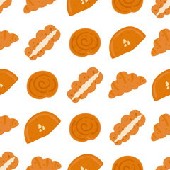 Vector seamless pattern featuring croissants, pretzels, buns, and rolls in warm brown color. Perfect for bakery packaging, cafe design, and kitchen decor.