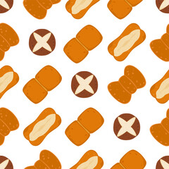 Vector seamless pattern featuring croissants, pretzels, buns, and rolls in warm brown color. Perfect for bakery packaging, cafe design, and kitchen decor.