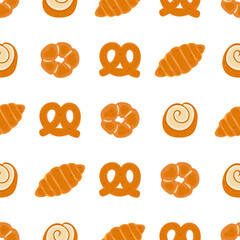 Vector seamless pattern featuring croissants, pretzels, buns, and rolls in warm brown color. Perfect for bakery packaging, cafe design, and kitchen decor.