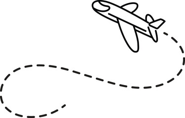 Airplane with dashed and dotted flight path. Flying plane showing twisted, curved, and straight route lines. Transparent background PNG and vector travel illustration.