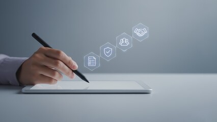 A hand writing a under floating glowing legal icons on a tablet, hospitality employee signing compliance policy, hospitality business legal compliance