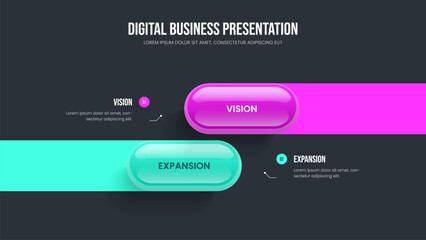 Digital Proposal Slideshow Template Vector Illustration. Visual Growth Two Element Infographic Frame Design. Financial Launch 2 Option Diagram Slide Layout.