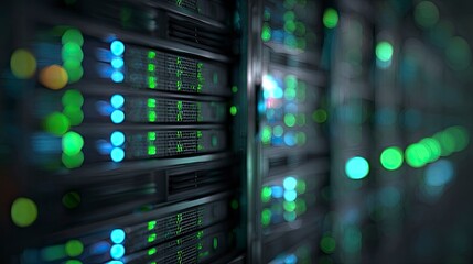 Data Center with Blinking Lights and Server Racks in Focus