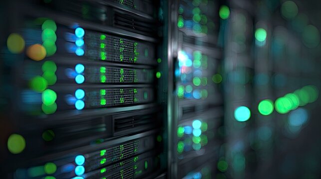 Data Center with Blinking Lights and Server Racks in Focus