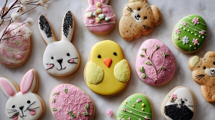Delightful Easter celebration with cheerful bunny, chick, and egg cookies, perfect for springtime greetings and festive baking projects!