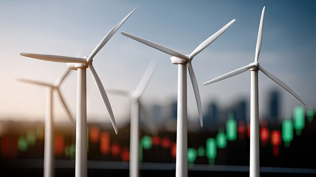 Wind turbines generate renewable energy in a modern landscape during sunset with financial growth indicators in the background