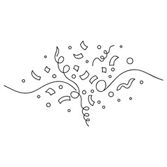 Confetti explosion vector line art, minimalist continuous one line drawing of festive celebration with ribbons and dots, party decoration concept