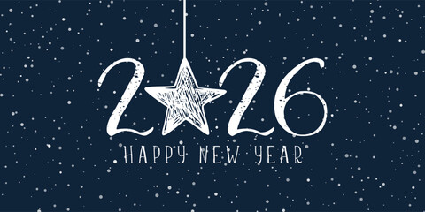 Happy New Year banner with grunge star and snowy overlay design