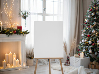 Modern Christmas 16x20 Sign Mockup with Tree, Candles, and Fireplace