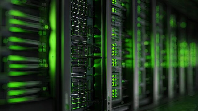 Data Center with Server Racks in Green Lighting and Technology Glow