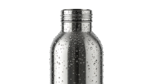Reusable stainless steel water bottle with condensation droplets isolated on a clean white background for hydration