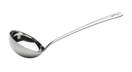 Shiny stainless steel soup ladle for serving, isolated on a clean white background. Essential kitchen utensil