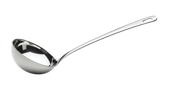 Shiny stainless steel soup ladle for serving, isolated on a clean white background. Essential kitchen utensil
