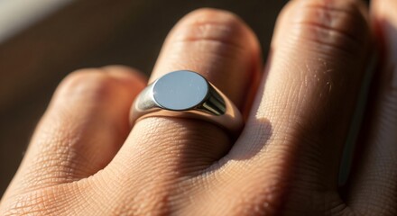 Close up of a silver signet ring on a finger showing the details of the ring and the skin texture