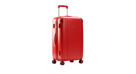 Red travel suitcase with wheels and retractable handle isolated on a white background