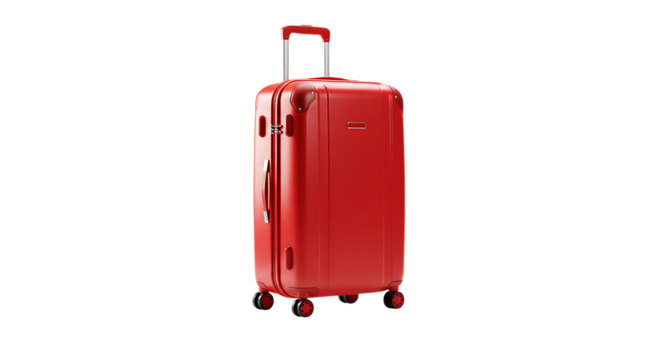 Red travel suitcase with wheels and retractable handle isolated on a white background