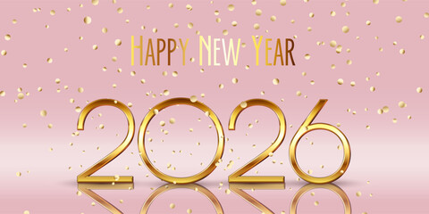 Happy New Year banner with gold letters and gold confetti design 