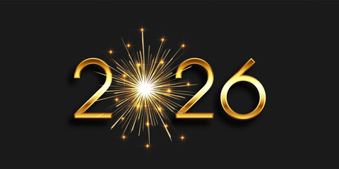 Happy New Year banner with gold numbers and firework design 