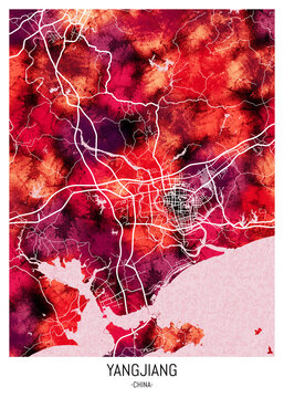 Yangjiang China City Downtown Street Map. Downtown tourism, house art travel, scenic metropolis concept travel art city, patriotic abstract banner, view office street