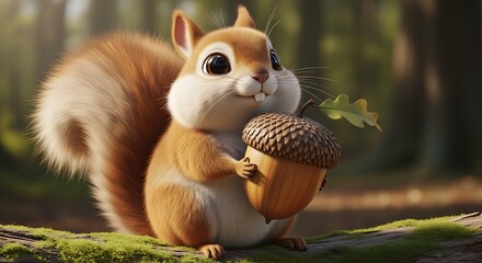 Fototapeta premium A cute, fluffy cartoon squirrel with big eyes holds a large acorn in a lush green forest setting.