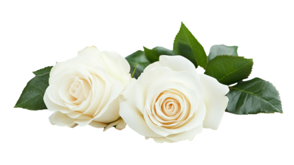 Two white roses nestled together with lush green leaves