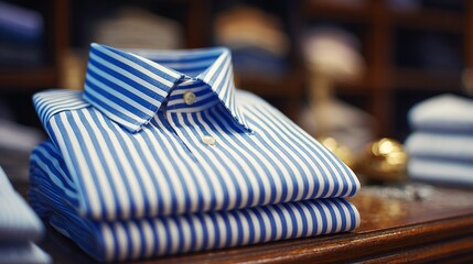 Elegant striped dress shirt on display ready for purchase in a stylish menswear shop, perfect for upscale fashion concepts and retail promotions