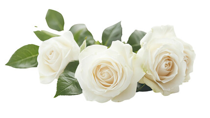 Obraz premium Group of white roses w/ green leaves, isolated on black