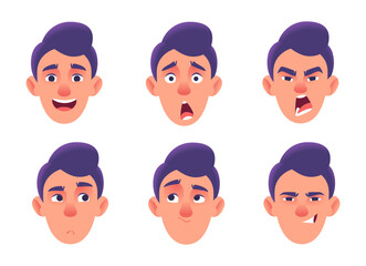 Diverse Male Cartoon Avatars with Various Emotions Set 
