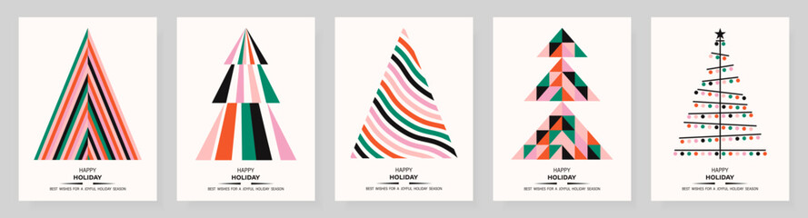 Modern holiday card with abstract Christmas tree shapes. Geometric colorful design with minimal lines and joyful mood