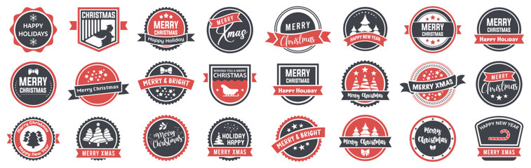 Christmas badge collection with festive greetings and symbols. Round and shield emblems featuring stars, trees, and ribbons. Ideal for seasonal cards, packaging, or winter branding