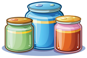 Three cartoon glass jars showcasing varied colorful contents are illustrated together on a white scene