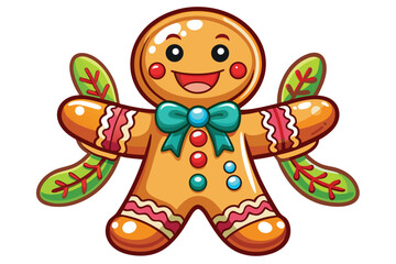 Smiling gingerbread character stands with outstretched arms holding festive decorated sugar leaves