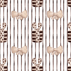 Modern striped seamless pattern. Thin vertical brown watercolor stripe and multi-colored bows with gift boxes. A simple and straightforward print for pillows, tablecloths, and other fabrics