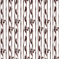 Modern striped seamless pattern. Thin vertical brown watercolor stripe and berry branches. A simple and straightforward print for pillows, tablecloths, and other fabrics. Contemporary style