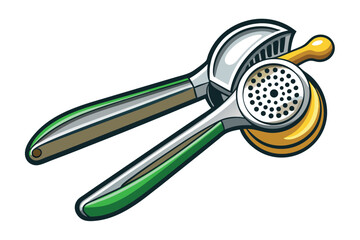 Metal citrus press with green and brown handles rests on a white background