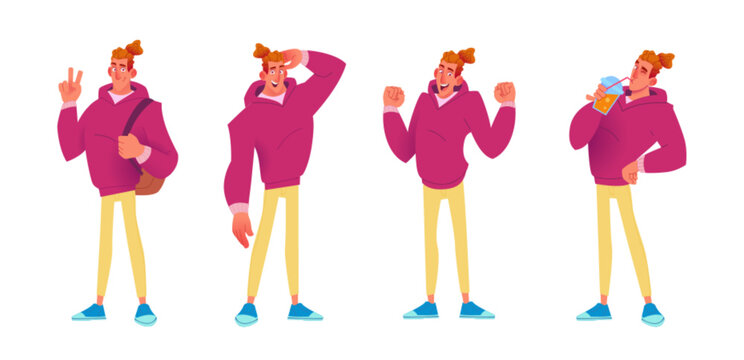 Youthful Man Character Vector Set with Various Poses and Actions