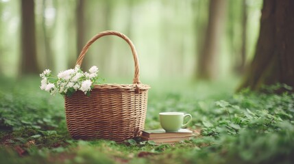 Forest Picnic, Basket, Flowers, Book, Tea - Serene Outdoor Scene