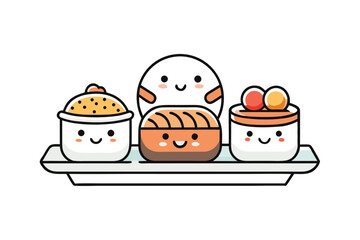 Adorable sushi friends line up neatly on a tray with sweet expressions