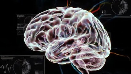Animated brain model with data visualization interface and digital display - Powered by Adobe