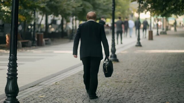 An elderly man in a black suit walks alone down a city alley, holding a briefcase. The image reflects solitude, retirement, and the daily routine of office life.