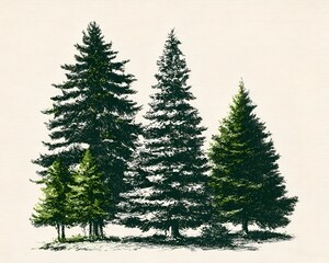 Obraz premium A detailed illustration of evergreen trees stands out against a textured background creating a serene and natural woodland scene artfully rendered.