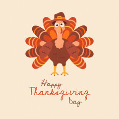 Happy thanksgiving day greeting card. Cute Turkey with lettering. Vector illustration flat style