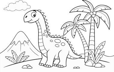 Cartoon Dinosaur with Palm Trees and Volcano