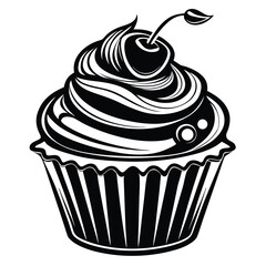 Stylized black and white cupcake has cherry on top as a delicious treat