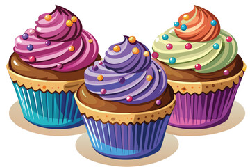 Three tempting cupcakes display bright frosting and multicolored sprinkles ready for a celebration