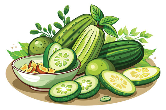 Still life showcasing cut and whole tindora gourds with vibrant leaves around a bowl