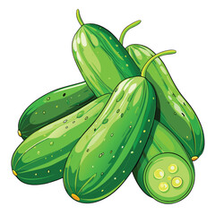 Pile of fresh green cucumbers displays whole form and crosssection on a bright surface